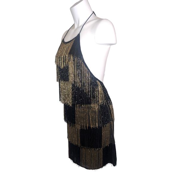 ASOS DESIGN Halter Neck Beaded Fringe Flapper Mini Dress in Black & Gold, Size 6 - Picture 6 of 10